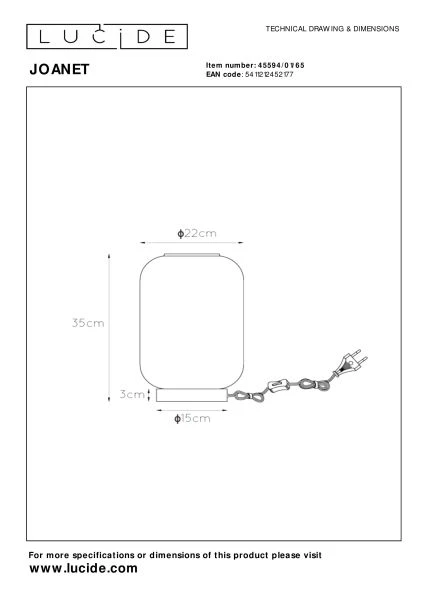 Lucide JOANET - Lámpara de mesa - Ø 22 cm - 1xE27 - Ahumado - TECHNISCH